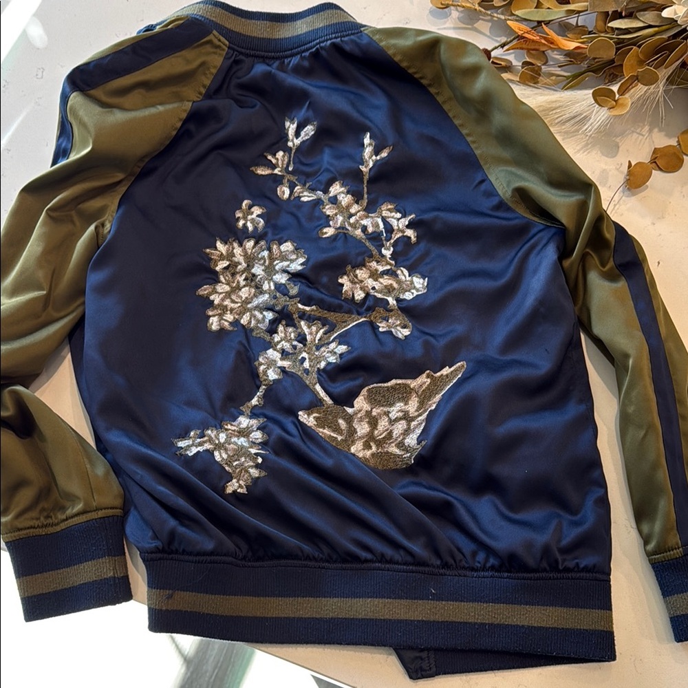 Monet Navy and Olive Floral Bomber Jacket - Picture 3 of 4